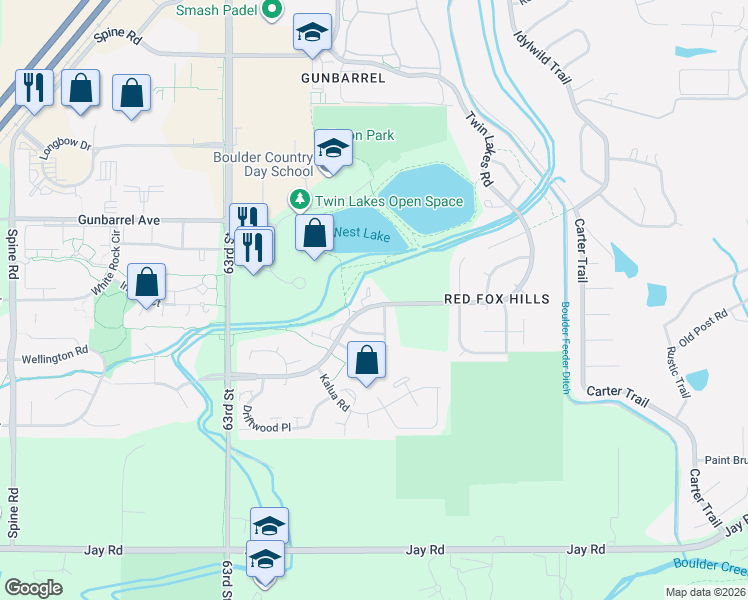 map of restaurants, bars, coffee shops, grocery stores, and more near 4640 Portside Way in Boulder
