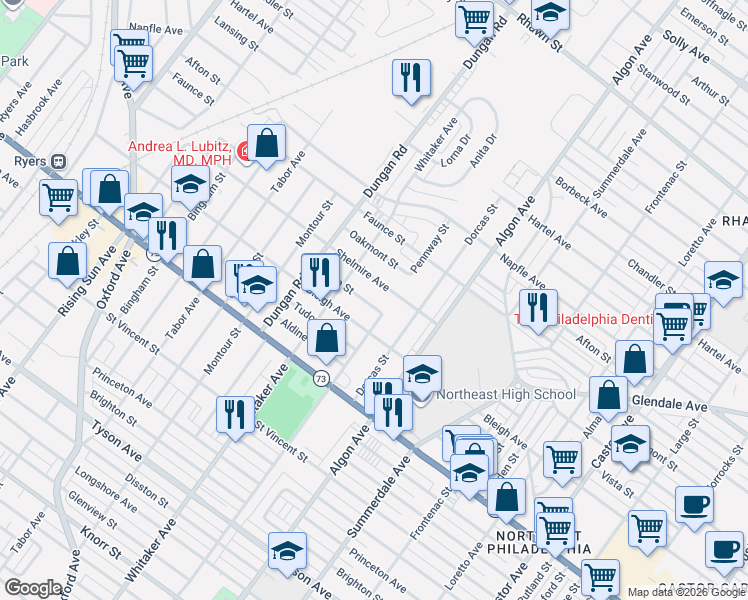 map of restaurants, bars, coffee shops, grocery stores, and more near 1428 Vista Street in Philadelphia
