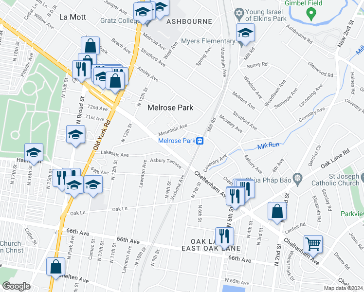 map of restaurants, bars, coffee shops, grocery stores, and more near in Elkins Park