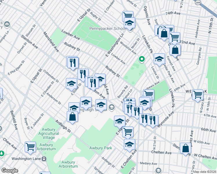 map of restaurants, bars, coffee shops, grocery stores, and more near 7253 Mansfield Avenue in Philadelphia
