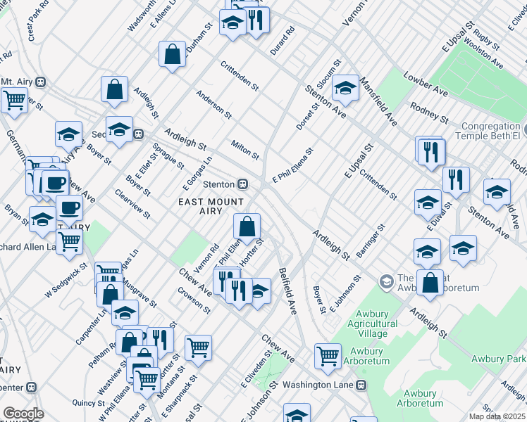 map of restaurants, bars, coffee shops, grocery stores, and more near 6635 Blakemore Street in Philadelphia