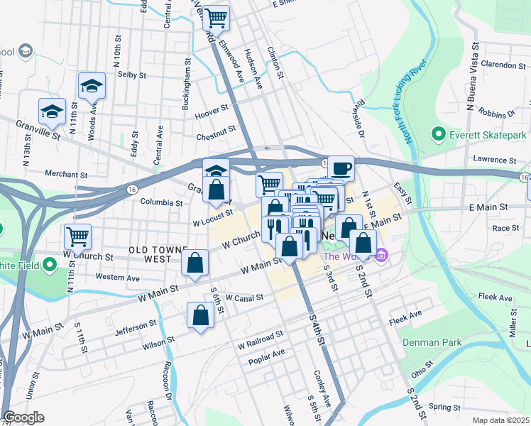 map of restaurants, bars, coffee shops, grocery stores, and more near 55 North 4th Street in Newark