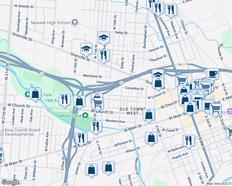 map of restaurants, bars, coffee shops, grocery stores, and more near 252 West Locust Street in Newark
