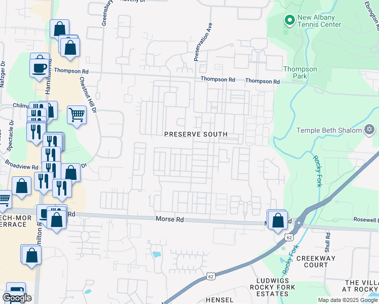 map of restaurants, bars, coffee shops, grocery stores, and more near 3855 Rubythroat Drive in Columbus
