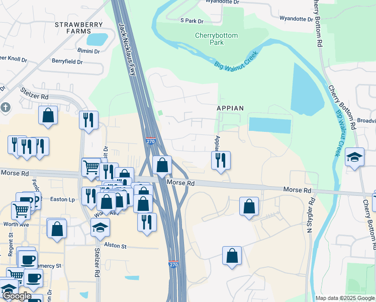 map of restaurants, bars, coffee shops, grocery stores, and more near 4387 Shoupmill Drive in Gahanna