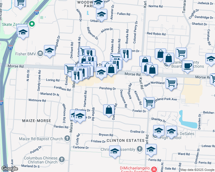 map of restaurants, bars, coffee shops, grocery stores, and more near 1334 Pershing Drive in Columbus