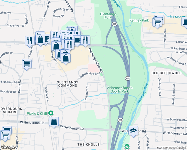 map of restaurants, bars, coffee shops, grocery stores, and more near 4830 Pennfair Street in Columbus