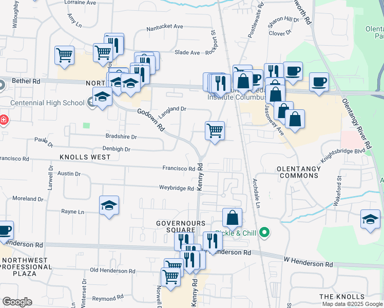 map of restaurants, bars, coffee shops, grocery stores, and more near 4944 Buck Thorn Lane in Columbus