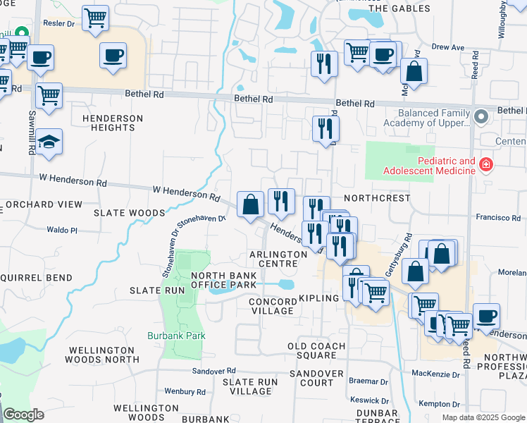 map of restaurants, bars, coffee shops, grocery stores, and more near 2280 West Henderson Road in Columbus