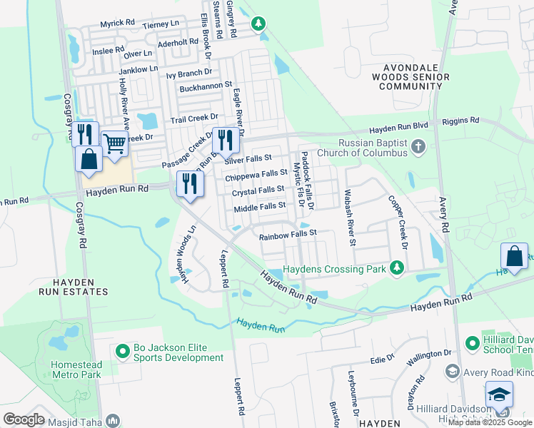 map of restaurants, bars, coffee shops, grocery stores, and more near 5566 Bow Falls Boulevard in Hilliard