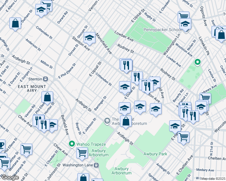 map of restaurants, bars, coffee shops, grocery stores, and more near 1230 Barringer Street in Philadelphia