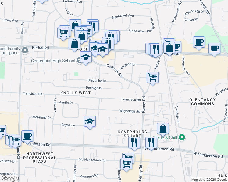 map of restaurants, bars, coffee shops, grocery stores, and more near 1275 Denbigh Drive in Columbus