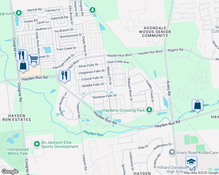 map of restaurants, bars, coffee shops, grocery stores, and more near 5262 Royal Arch Cascade Drive in Hilliard