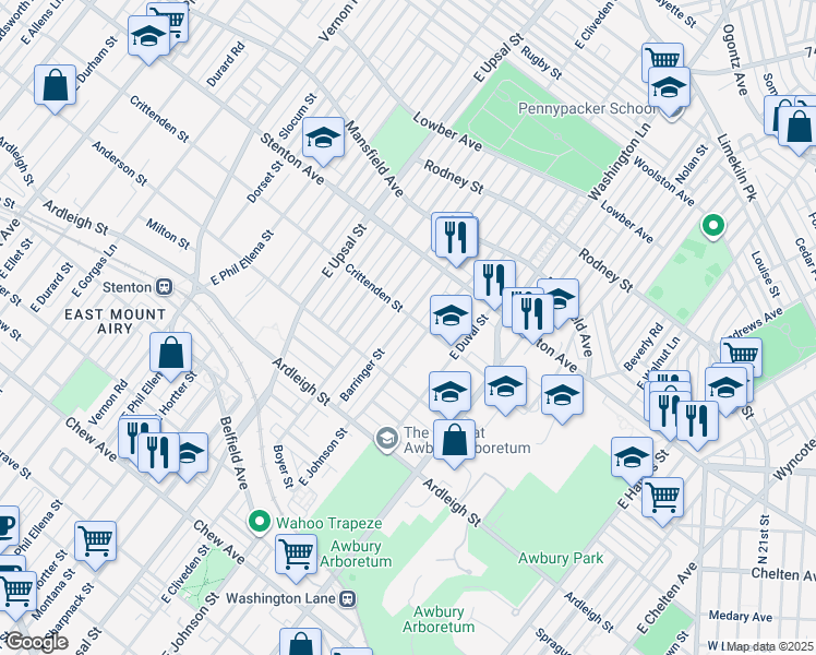 map of restaurants, bars, coffee shops, grocery stores, and more near 1230 Barringer Street in Philadelphia