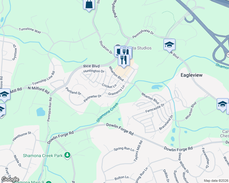 map of restaurants, bars, coffee shops, grocery stores, and more near 586 Gramercy Lane in Downingtown