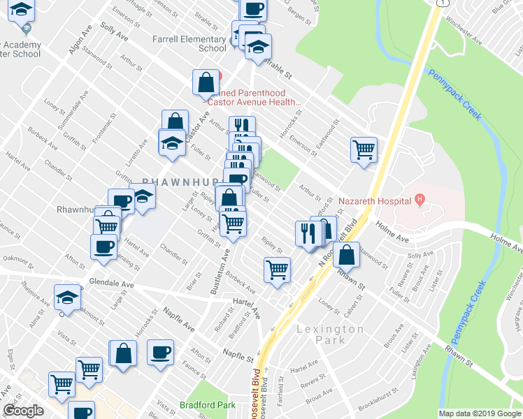 map of restaurants, bars, coffee shops, grocery stores, and more near 2227 Rhawn Street in Philadelphia