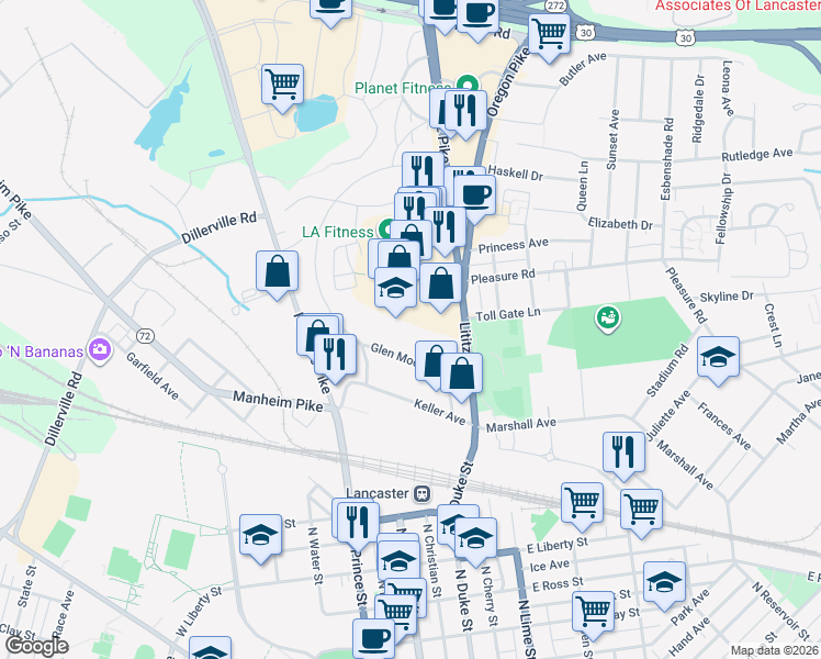 map of restaurants, bars, coffee shops, grocery stores, and more near 1250 Lititz Pike in Lancaster