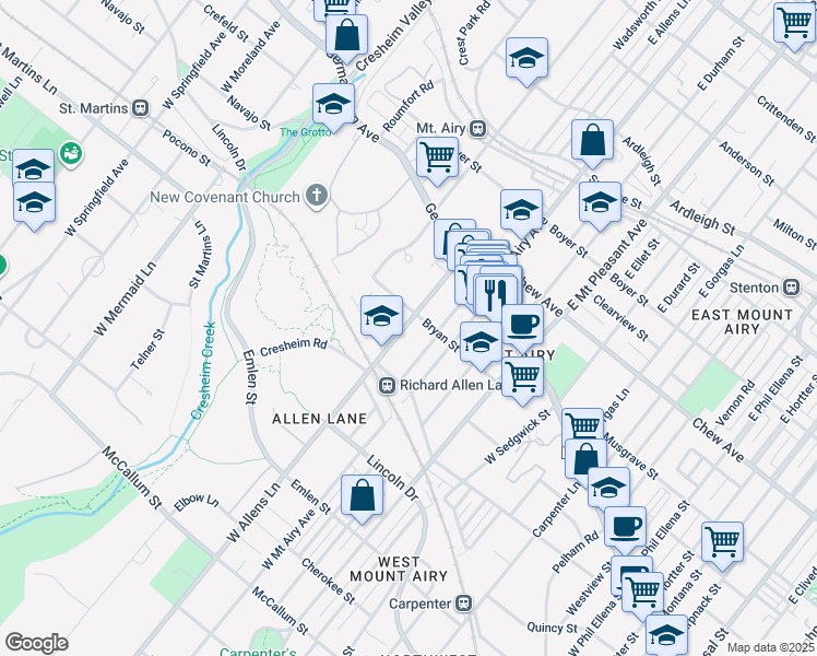 map of restaurants, bars, coffee shops, grocery stores, and more near 114 West Allens Lane in Philadelphia