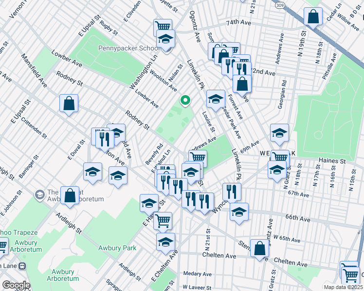 map of restaurants, bars, coffee shops, grocery stores, and more near 1613 Middleton Street in Philadelphia
