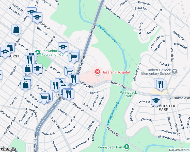 map of restaurants, bars, coffee shops, grocery stores, and more near 2601 Holme Avenue in Philadelphia