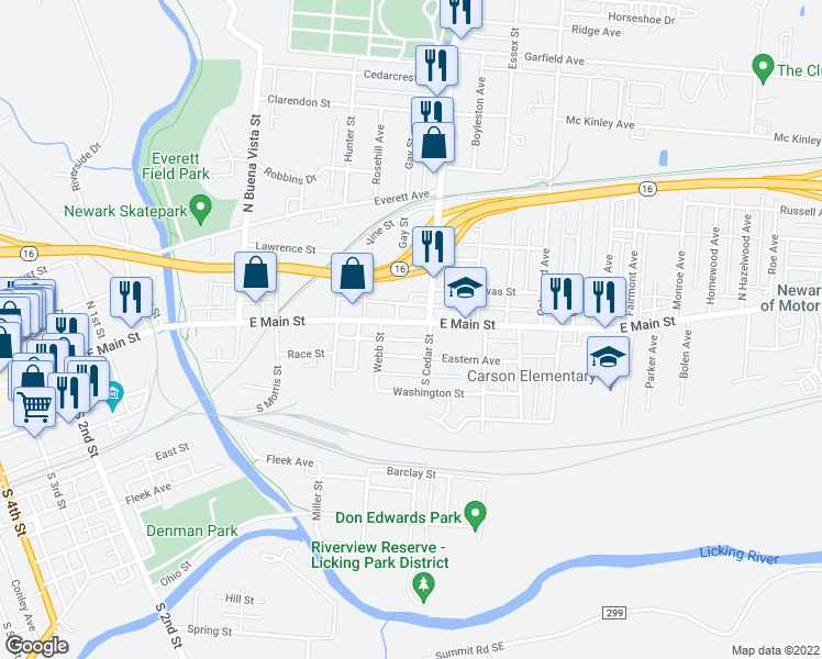 map of restaurants, bars, coffee shops, grocery stores, and more near 349 E Main St in Newark