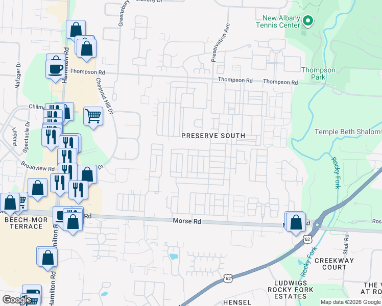map of restaurants, bars, coffee shops, grocery stores, and more near 3856 Wood Stork Lane in Columbus