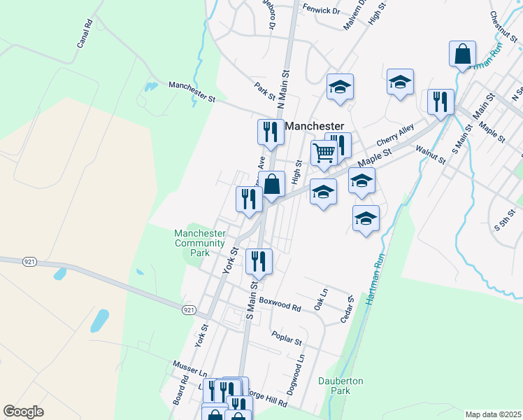 map of restaurants, bars, coffee shops, grocery stores, and more near 6 South Main Street in Manchester