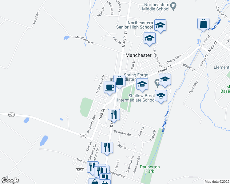 map of restaurants, bars, coffee shops, grocery stores, and more near 6 South Main Street in Manchester