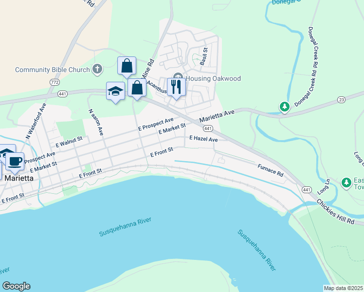 map of restaurants, bars, coffee shops, grocery stores, and more near 590 East Front Street in Marietta