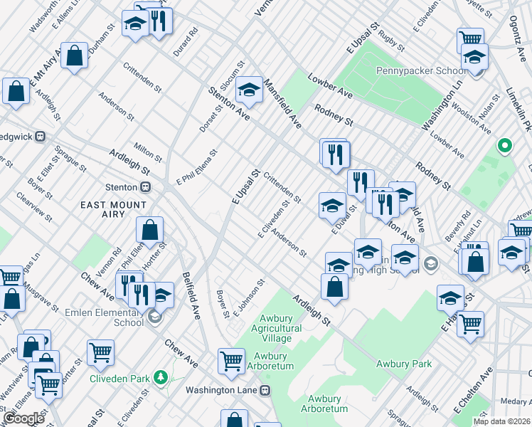 map of restaurants, bars, coffee shops, grocery stores, and more near 1208 East Cliveden Street in Philadelphia
