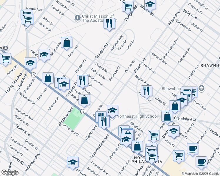 map of restaurants, bars, coffee shops, grocery stores, and more near 1507 Shelmire Avenue in Philadelphia