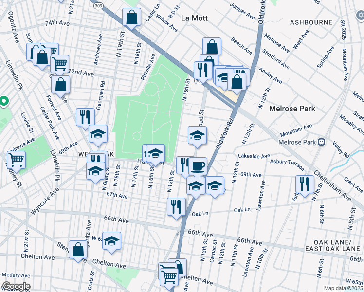 map of restaurants, bars, coffee shops, grocery stores, and more near 6945 North 15th Street in Philadelphia