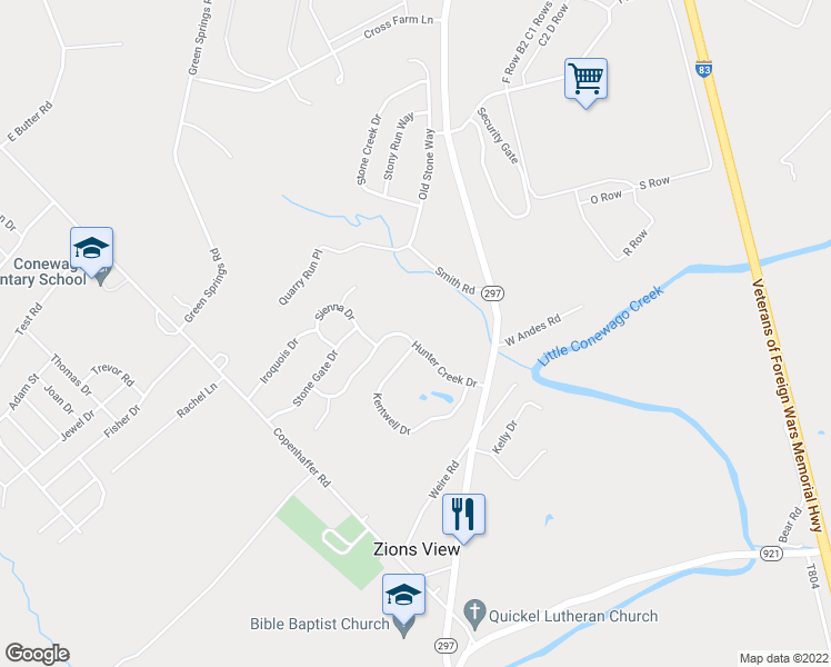 map of restaurants, bars, coffee shops, grocery stores, and more near 90 Hunter Creek Drive in York