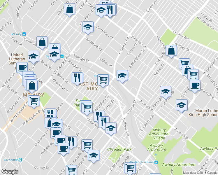 map of restaurants, bars, coffee shops, grocery stores, and more near 504 East Vernon Road in Philadelphia