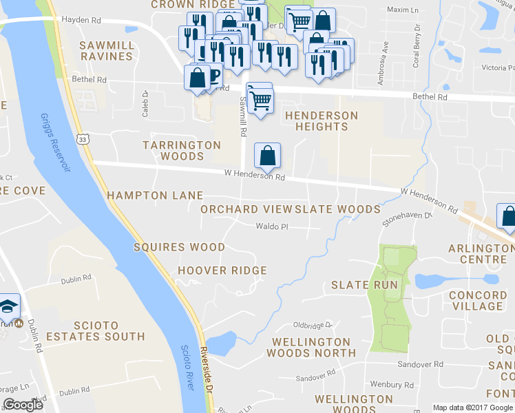 map of restaurants, bars, coffee shops, grocery stores, and more near 3771 Rushmore Drive in Columbus