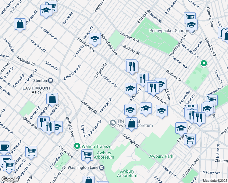 map of restaurants, bars, coffee shops, grocery stores, and more near 1225 Barringer Street in Philadelphia