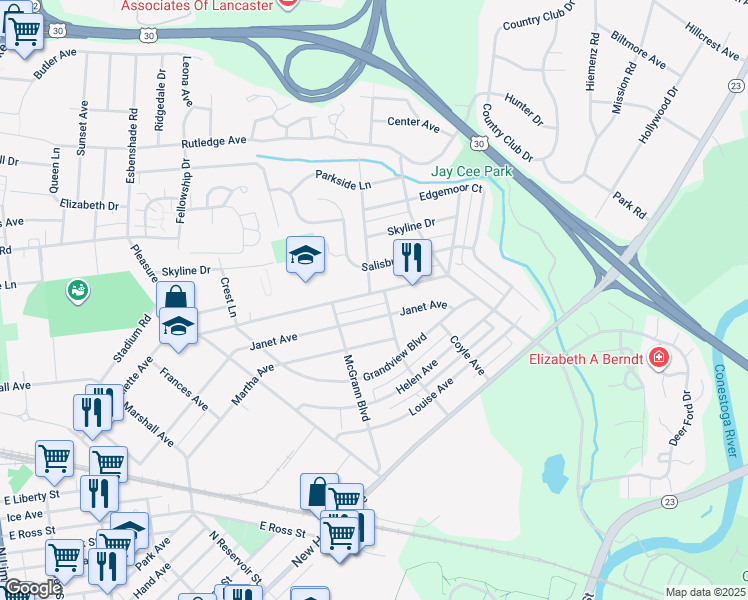 map of restaurants, bars, coffee shops, grocery stores, and more near 934 Pleasure Road in Lancaster