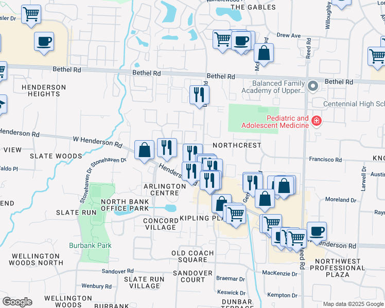 map of restaurants, bars, coffee shops, grocery stores, and more near 5039 Dierker Road in Columbus