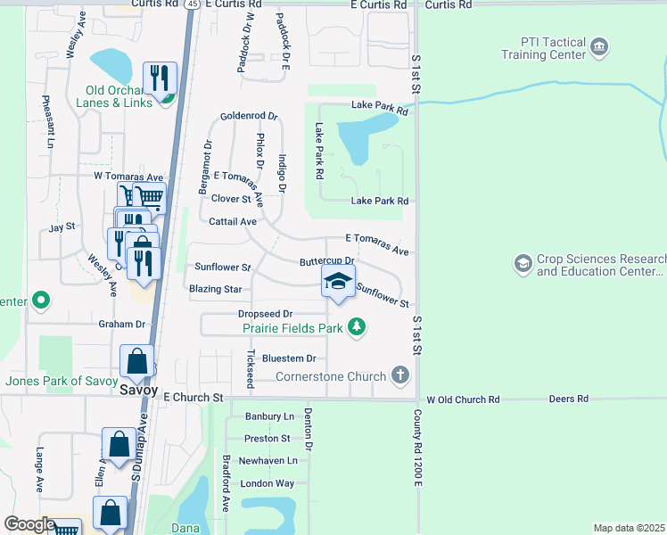 map of restaurants, bars, coffee shops, grocery stores, and more near 506 Sunflower Street in Savoy