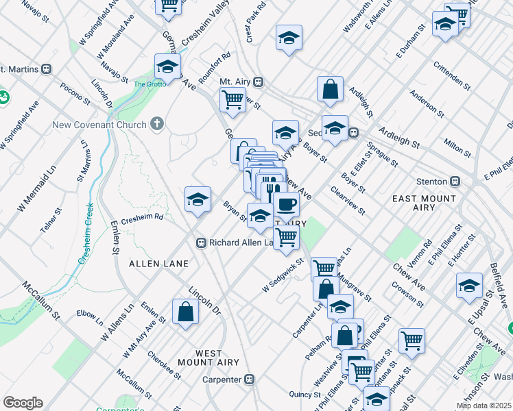 map of restaurants, bars, coffee shops, grocery stores, and more near 10 West Mount Airy Avenue in Philadelphia