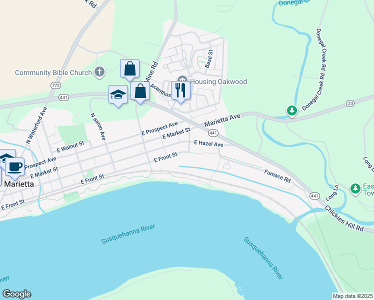 map of restaurants, bars, coffee shops, grocery stores, and more near 592 East Front Street in Marietta