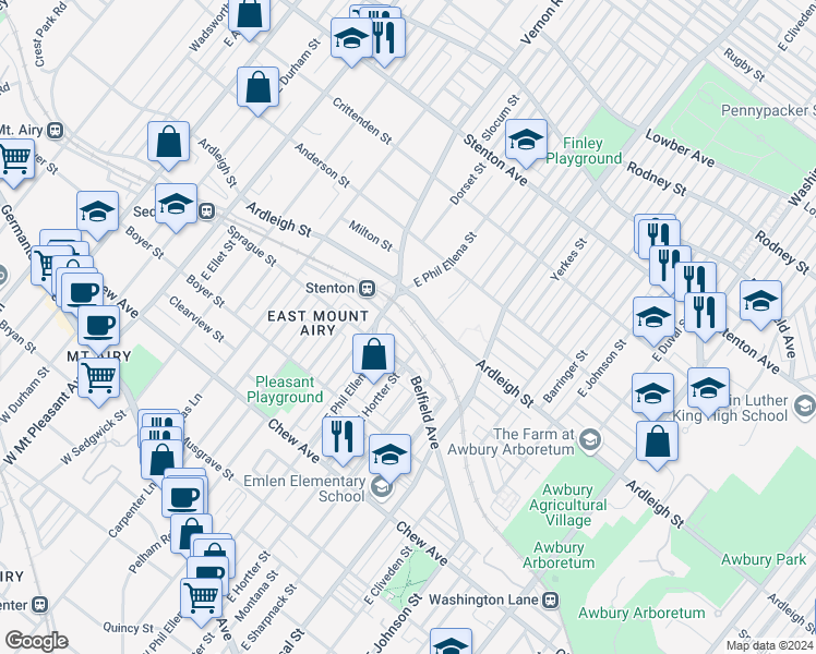 map of restaurants, bars, coffee shops, grocery stores, and more near 6643 Blakemore Street in Philadelphia