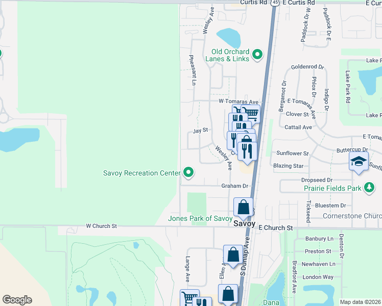 map of restaurants, bars, coffee shops, grocery stores, and more near 407 Van Buren Street in Savoy