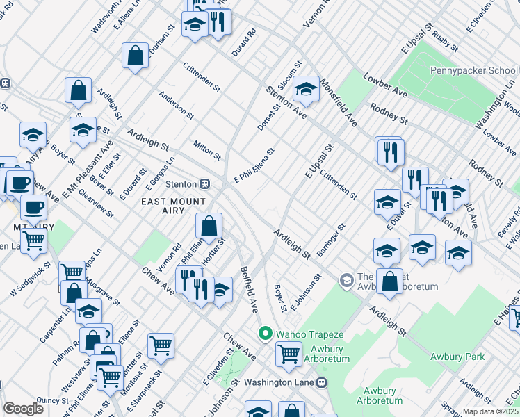 map of restaurants, bars, coffee shops, grocery stores, and more near 6613 Ardleigh Street in Philadelphia