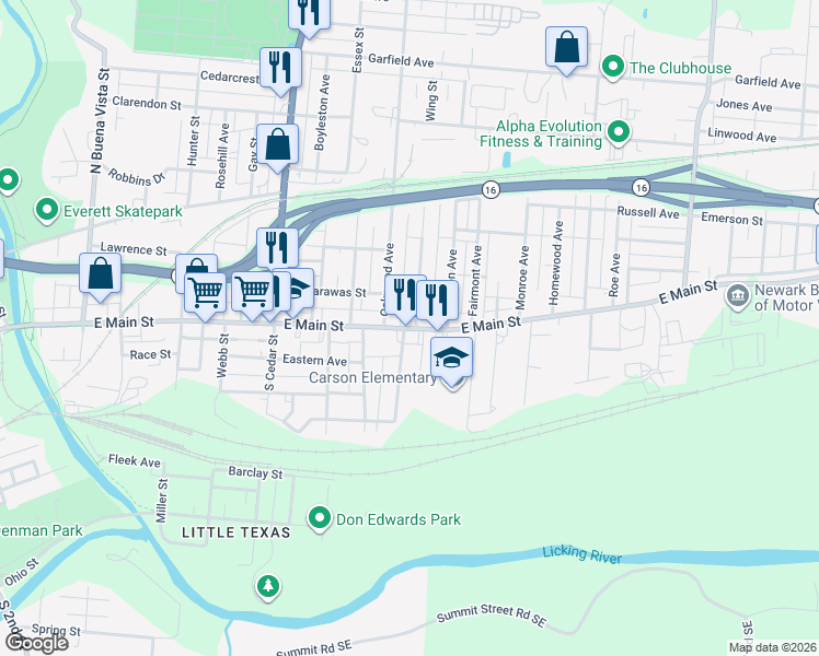 map of restaurants, bars, coffee shops, grocery stores, and more near 504 East Main Street in Newark
