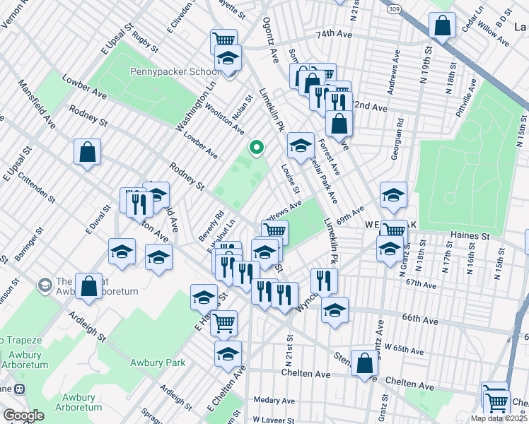 map of restaurants, bars, coffee shops, grocery stores, and more near 1614 Middleton Street in Philadelphia