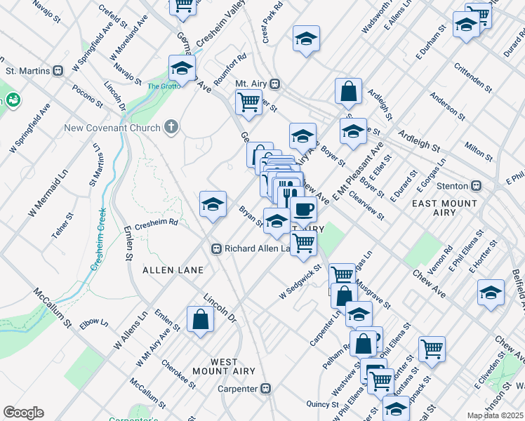map of restaurants, bars, coffee shops, grocery stores, and more near 37 West Mount Airy Avenue in Philadelphia