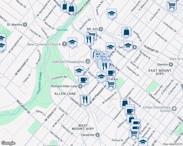 map of restaurants, bars, coffee shops, grocery stores, and more near 7215 Bryan Street in Philadelphia