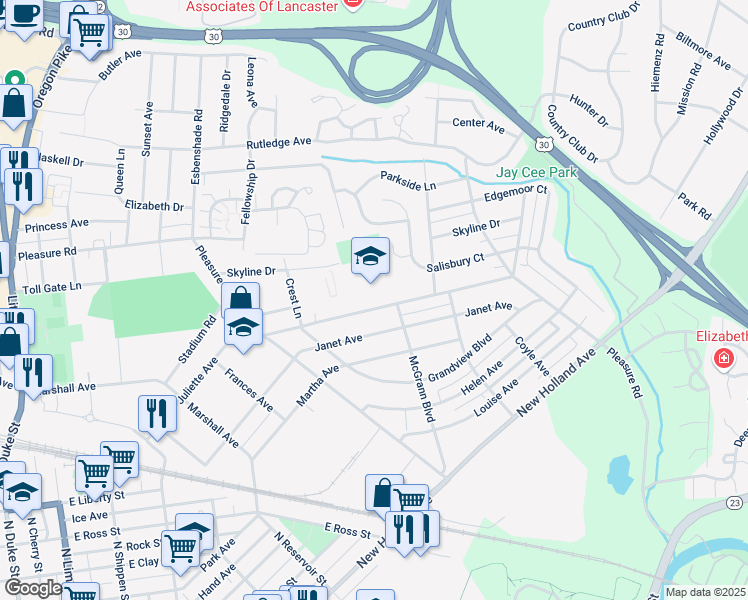 map of restaurants, bars, coffee shops, grocery stores, and more near 875 Pleasure Road in Lancaster