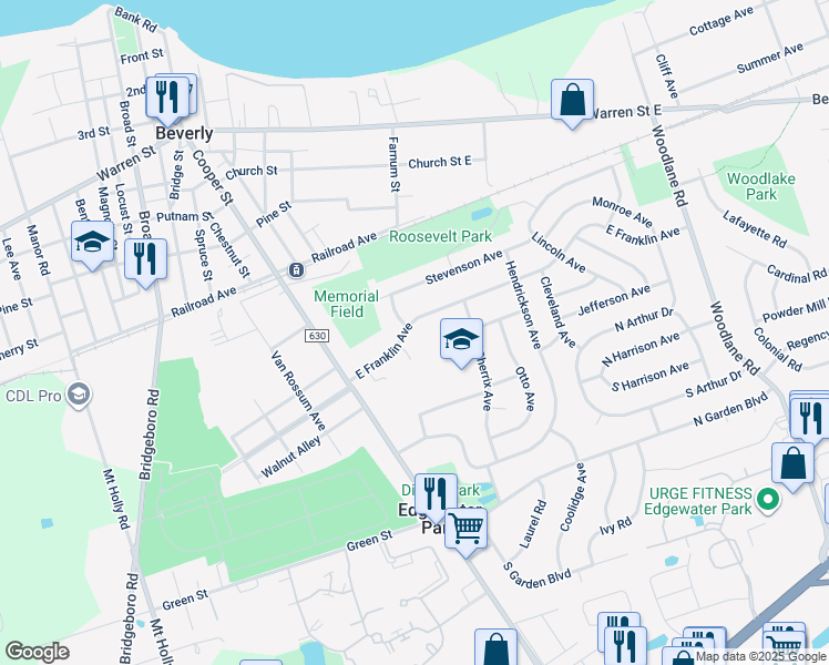 map of restaurants, bars, coffee shops, grocery stores, and more near 108 E Franklin Ave in Beverly